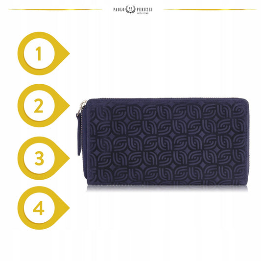 Odinė moteriška tamsiai mėlyna piniginė su užtrauktuku, talpi, madinga, "vintage" stiliaus rankinė-vokelis