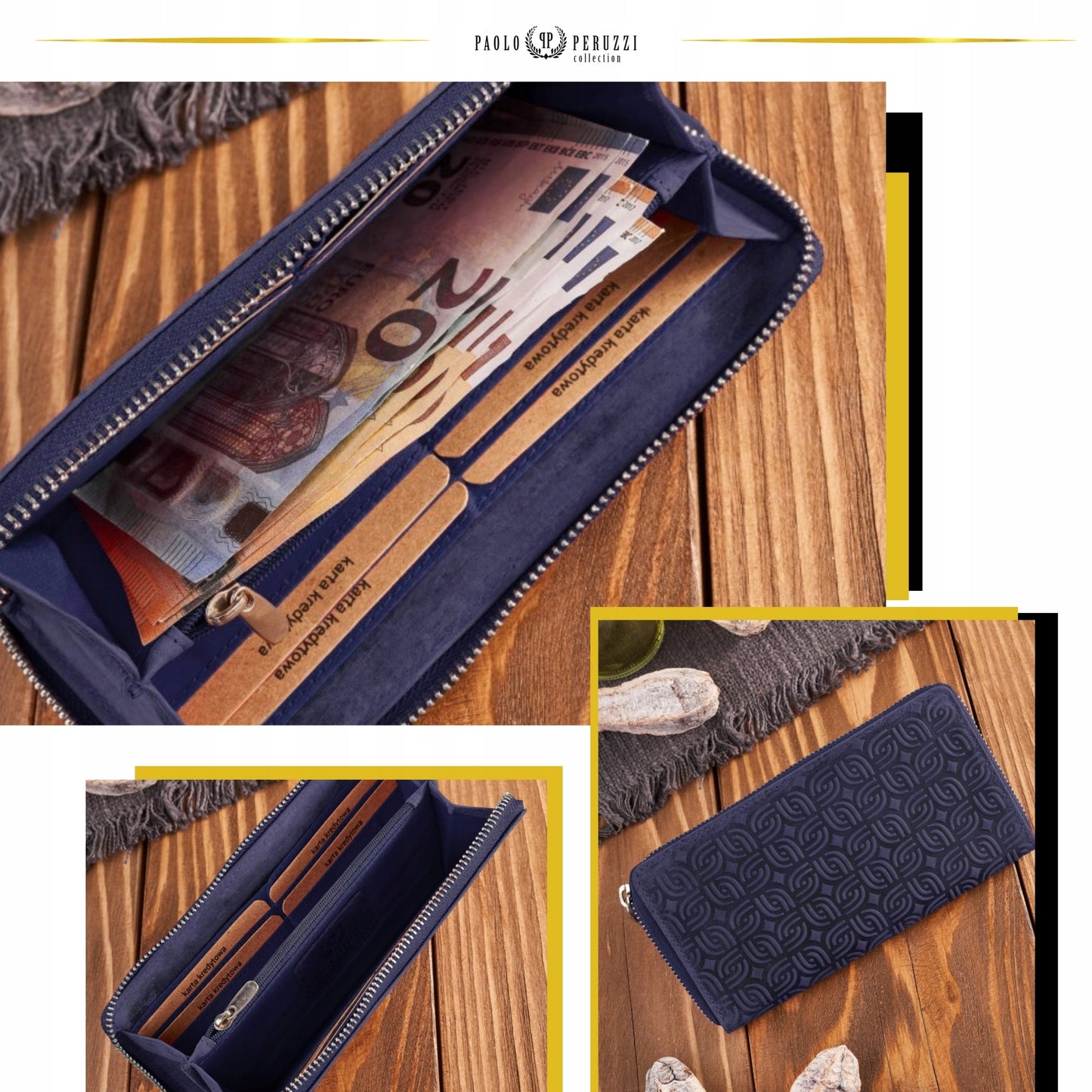 Odinė moteriška tamsiai mėlyna piniginė su užtrauktuku, talpi, madinga, "vintage" stiliaus rankinė-vokelis