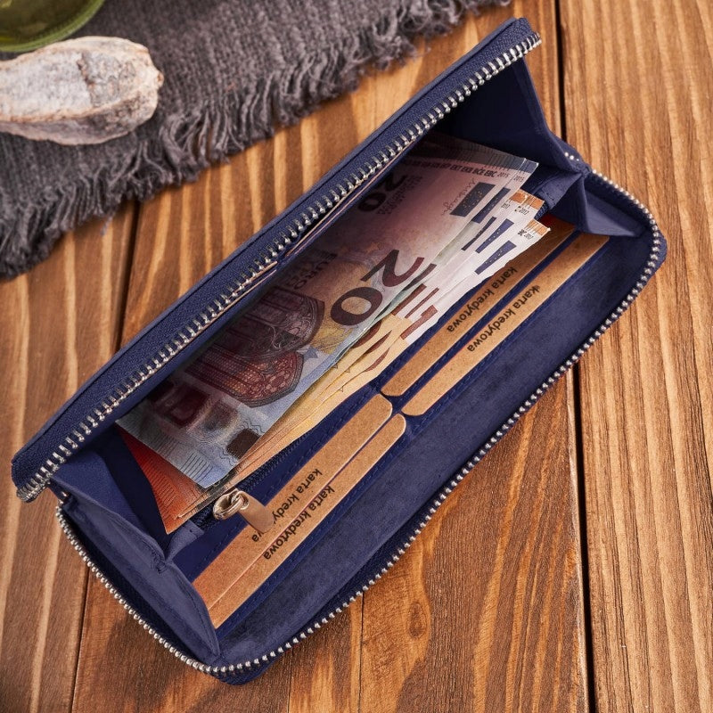 Odinė moteriška tamsiai mėlyna piniginė su užtrauktuku, talpi, madinga, "vintage" stiliaus rankinė-vokelis