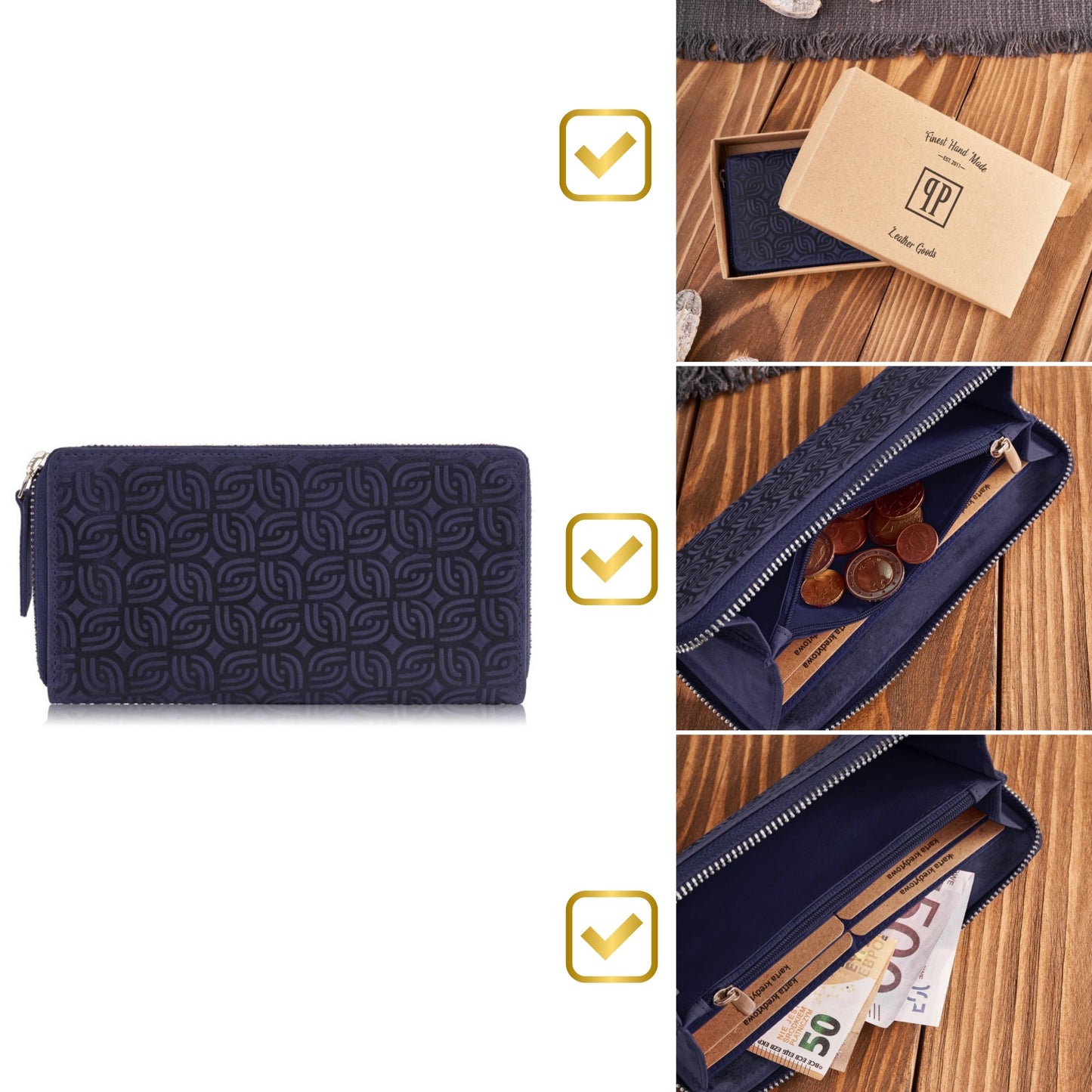 Odinė moteriška tamsiai mėlyna piniginė su užtrauktuku, talpi, madinga, "vintage" stiliaus rankinė-vokelis