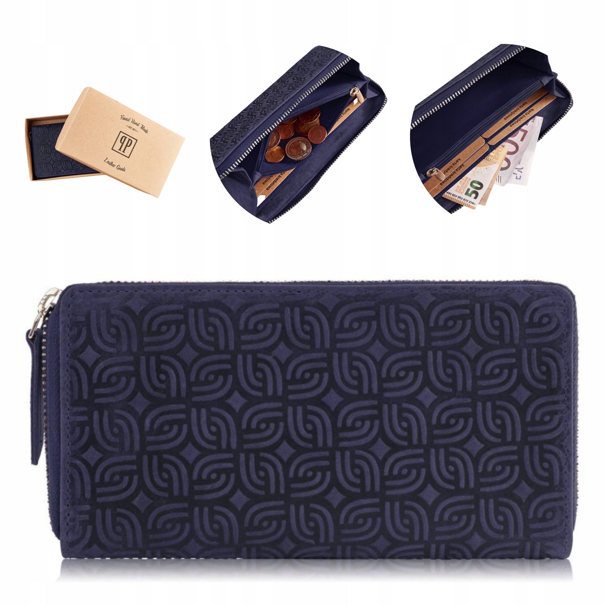 Odinė moteriška tamsiai mėlyna piniginė su užtrauktuku, talpi, madinga, "vintage" stiliaus rankinė-vokelis