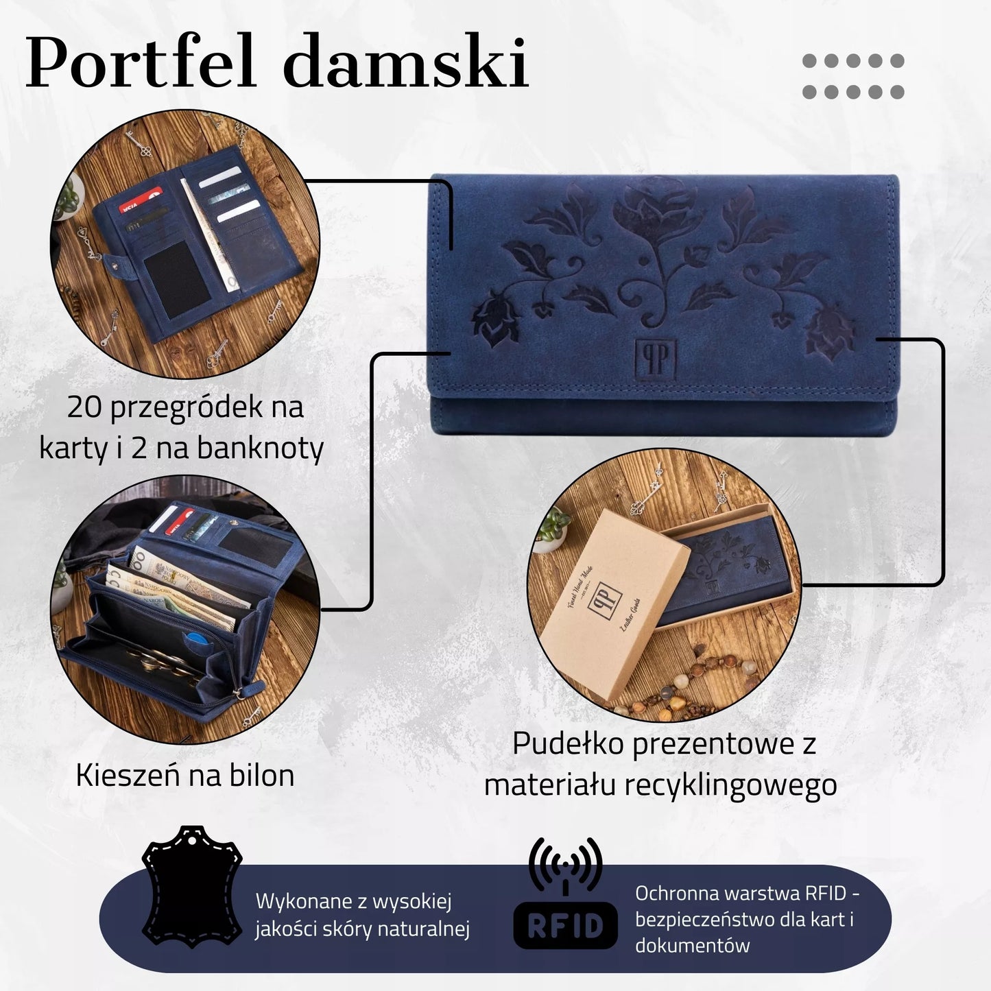 Odinė moteriška piniginė PAOLO PERUZZI, granatinė, vintažinė, su gėlėmis, su RFID apsauga