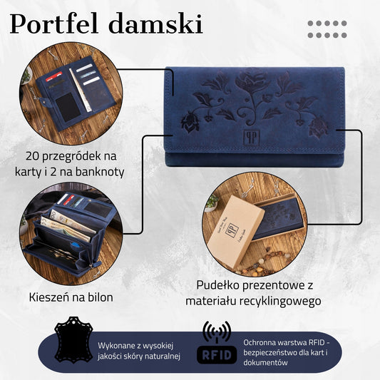 Odinė moteriška piniginė PAOLO PERUZZI, granatinė, vintažinė, su gėlėmis, su RFID apsauga