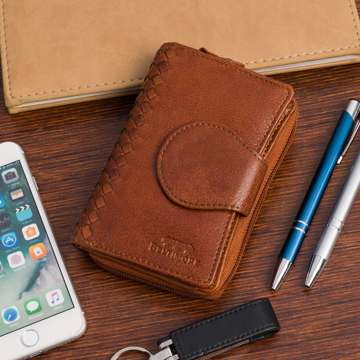 Vertikali moteriška odinė piniginė, vintage stiliaus, ruda, premium natūrali oda Beltimore