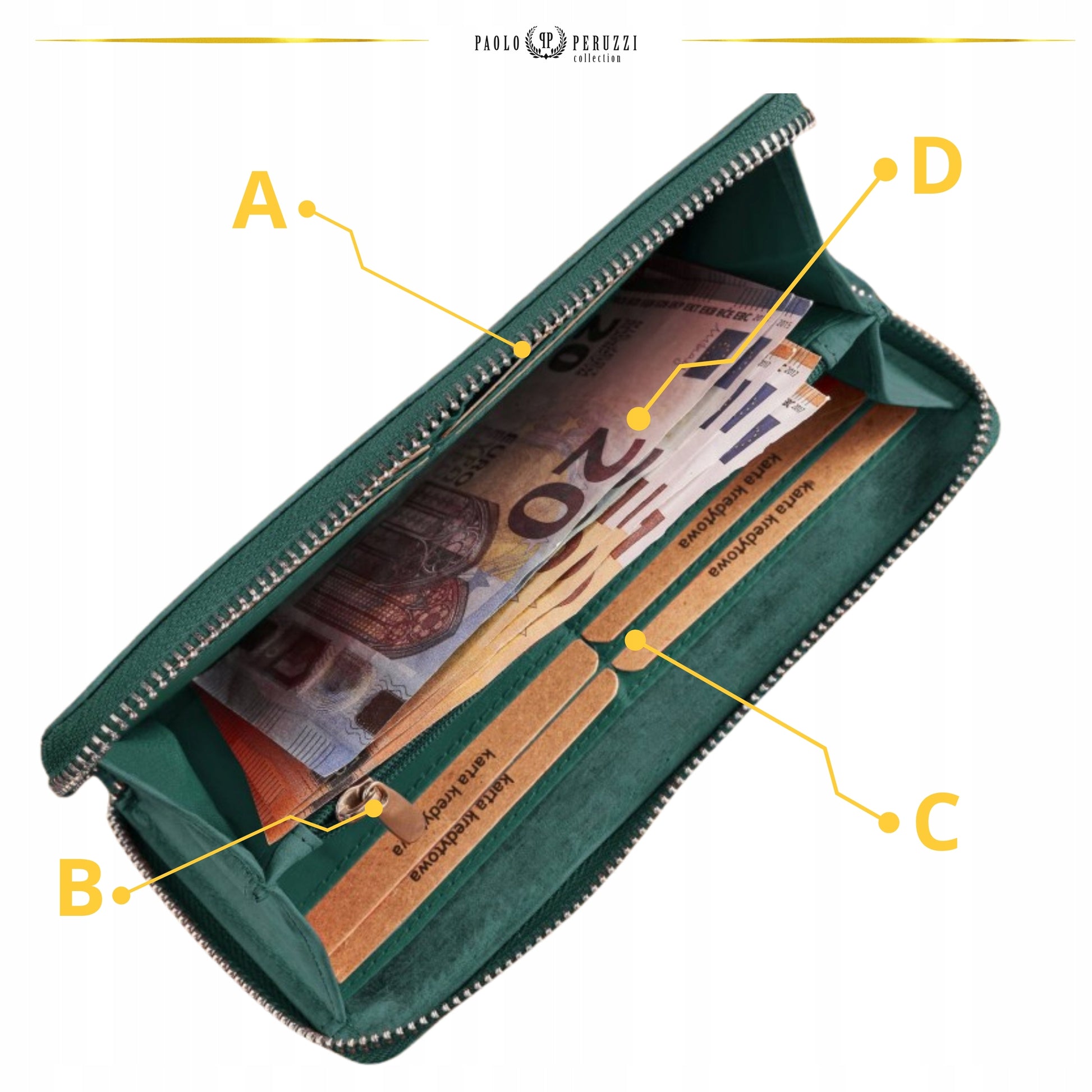 Paolo Peruzzi Moteriška odinė vintage žalia piniginė su užtrauktuku