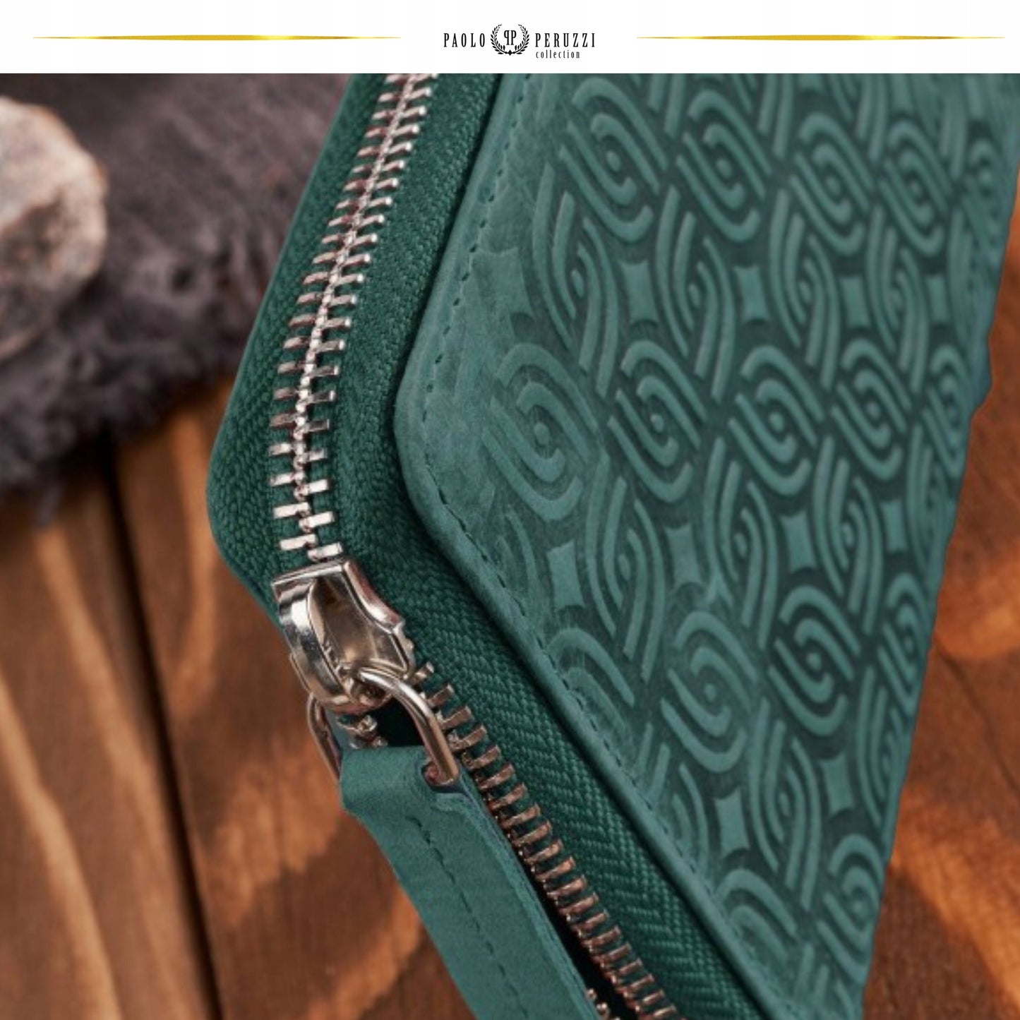 Paolo Peruzzi Moteriška odinė vintage žalia piniginė su užtrauktuku