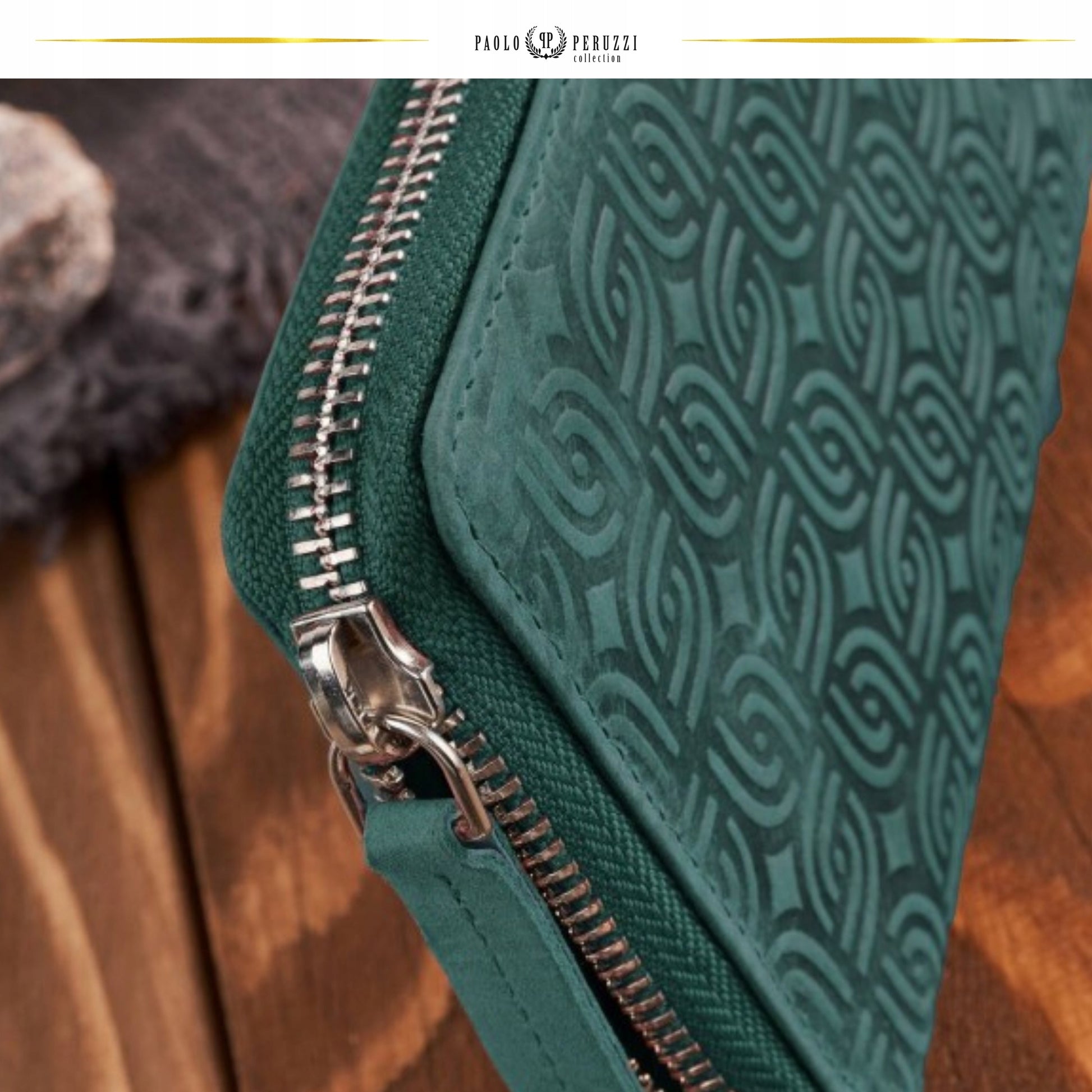 Paolo Peruzzi Moteriška odinė vintage žalia piniginė su užtrauktuku