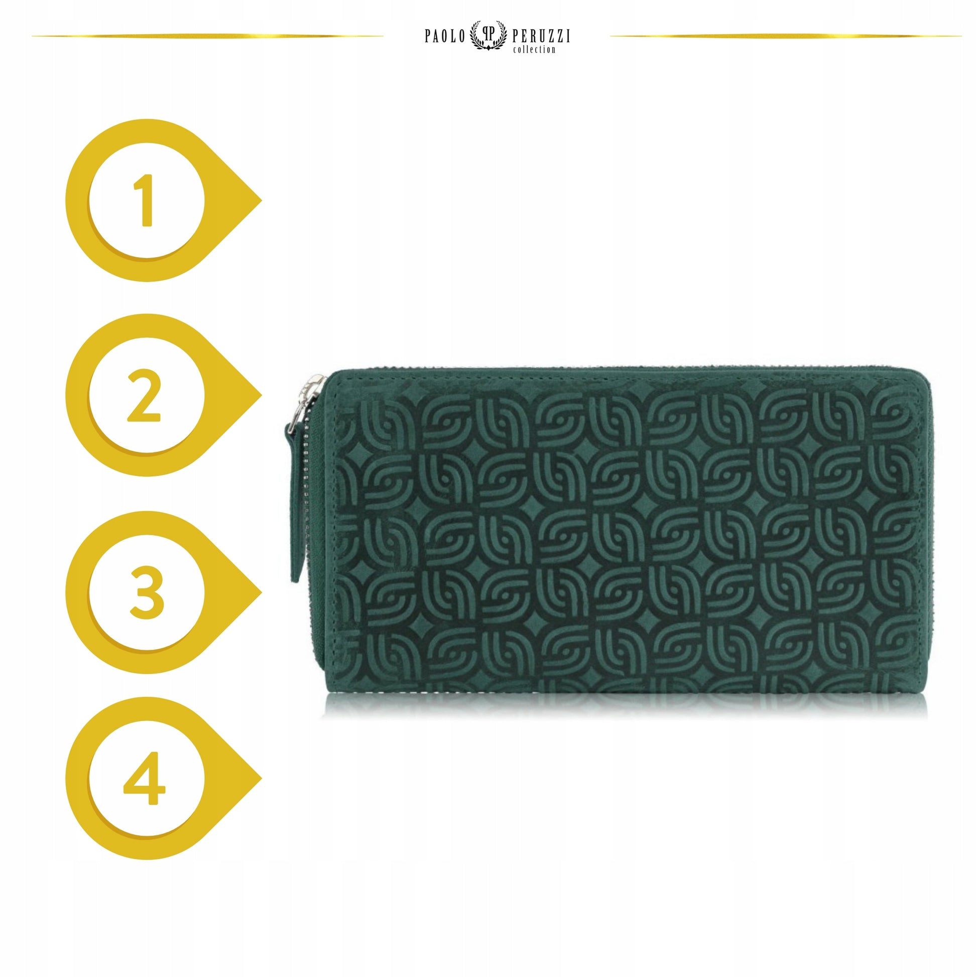 Paolo Peruzzi Moteriška odinė vintage žalia piniginė su užtrauktuku