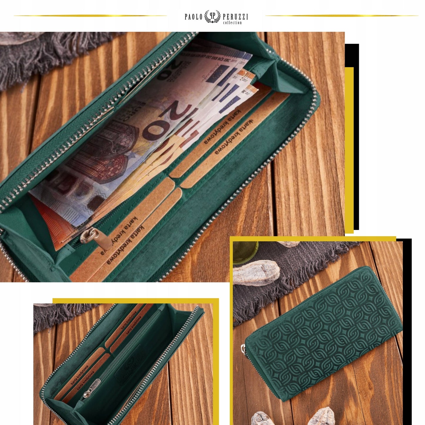 Paolo Peruzzi Moteriška odinė vintage žalia piniginė su užtrauktuku