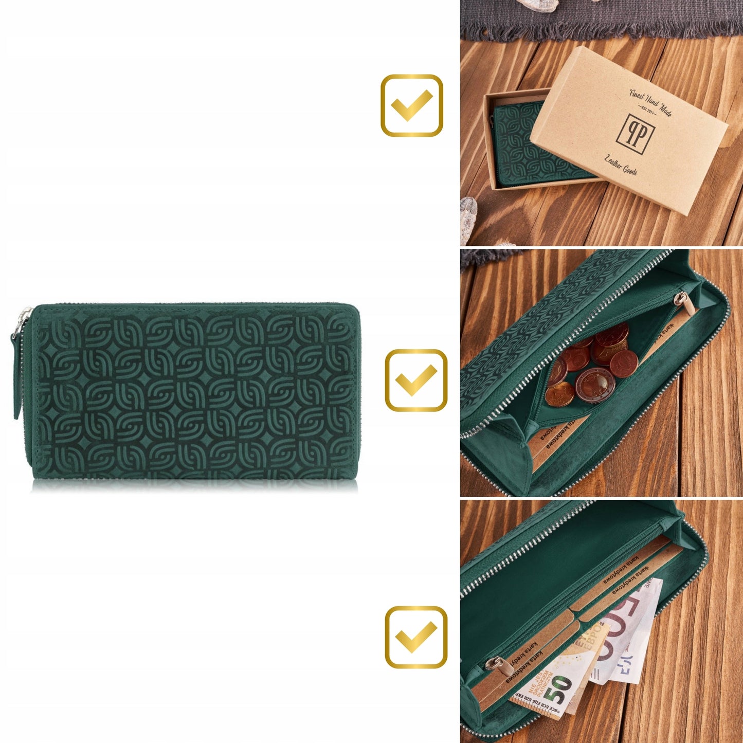 Paolo Peruzzi Moteriška odinė vintage žalia piniginė su užtrauktuku