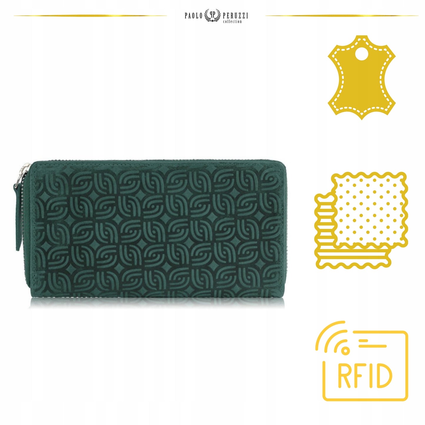 Paolo Peruzzi Moteriška odinė vintage žalia piniginė su užtrauktuku