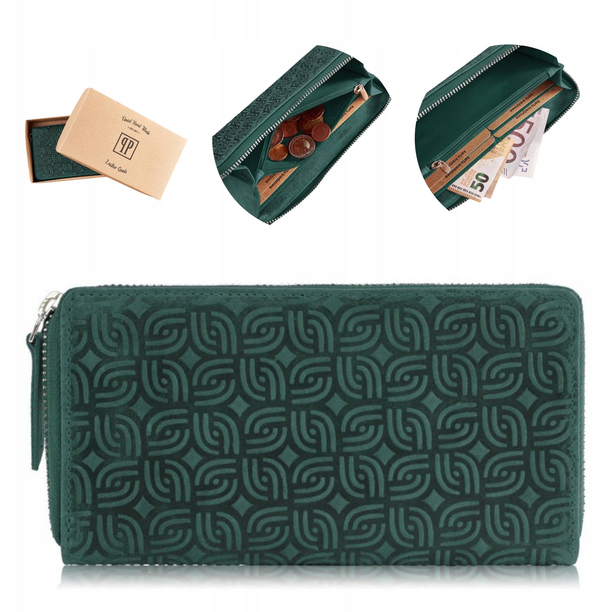 Paolo Peruzzi Moteriška odinė vintage žalia piniginė su užtrauktuku