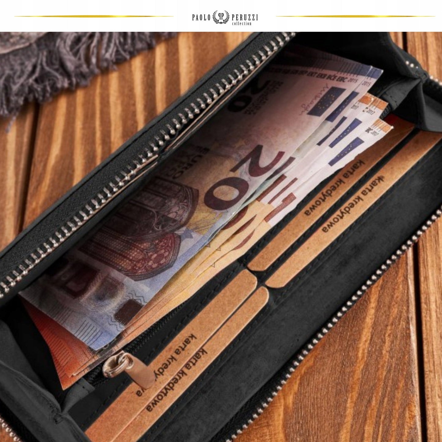 Moteriška odinė piniginė su geometriniu raštu, juoda, vintažinė, Paolo Peruzzi