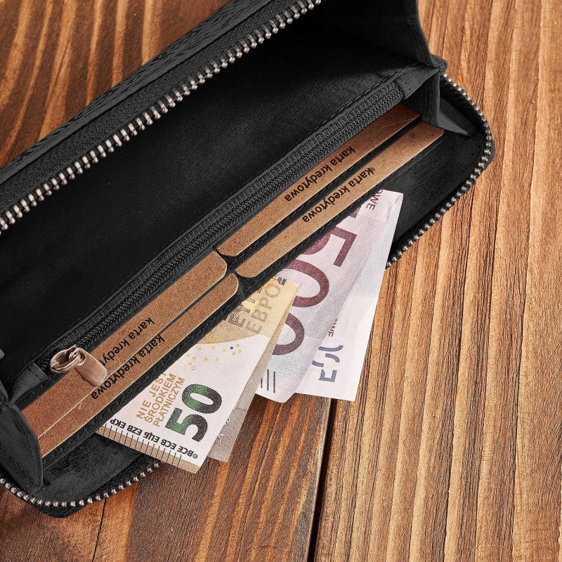 Moteriška odinė piniginė su geometriniu raštu, juoda, vintažinė, Paolo Peruzzi