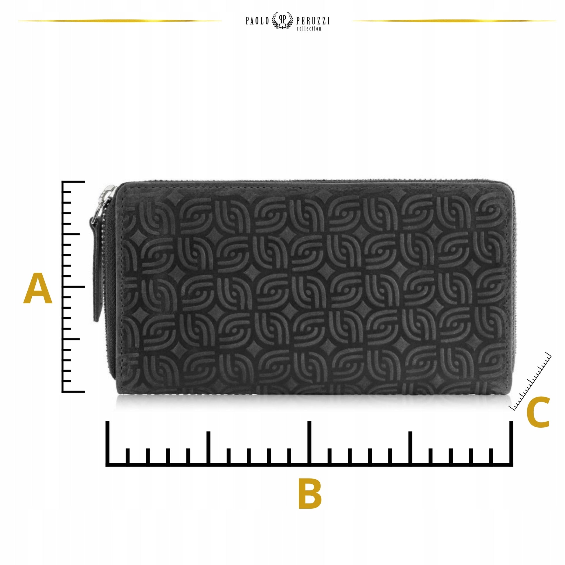 Moteriška odinė piniginė su geometriniu raštu, juoda, vintažinė, Paolo Peruzzi