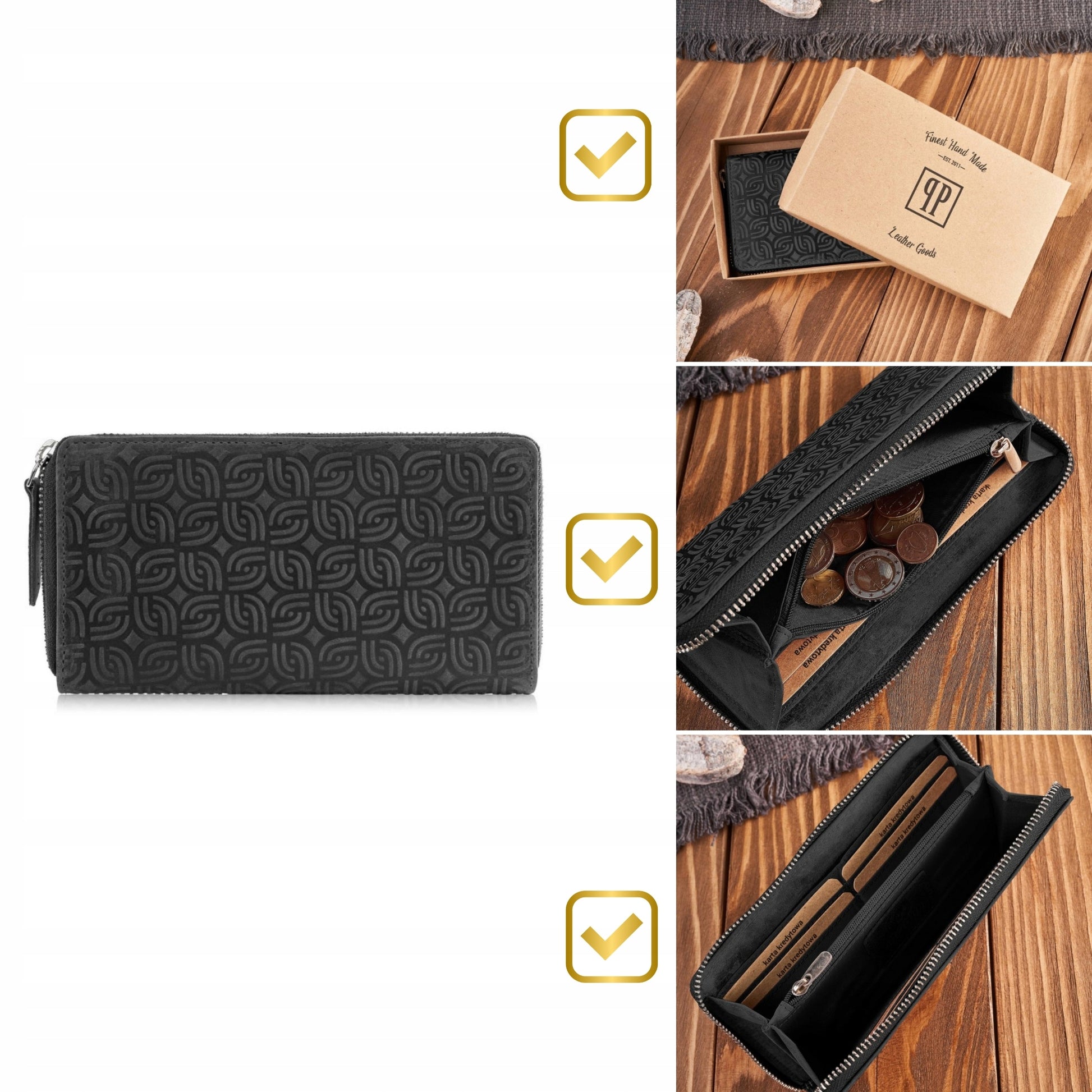 Moteriška odinė piniginė su geometriniu raštu, juoda, vintažinė, Paolo Peruzzi