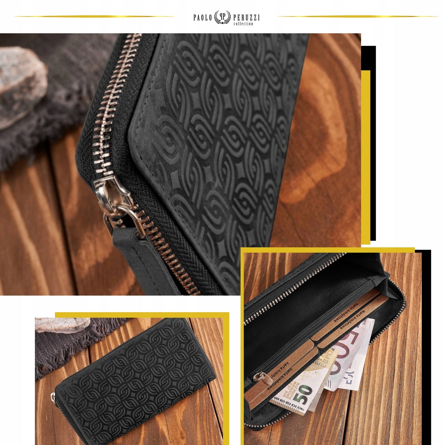 Moteriška odinė piniginė su geometriniu raštu, juoda, vintažinė, Paolo Peruzzi