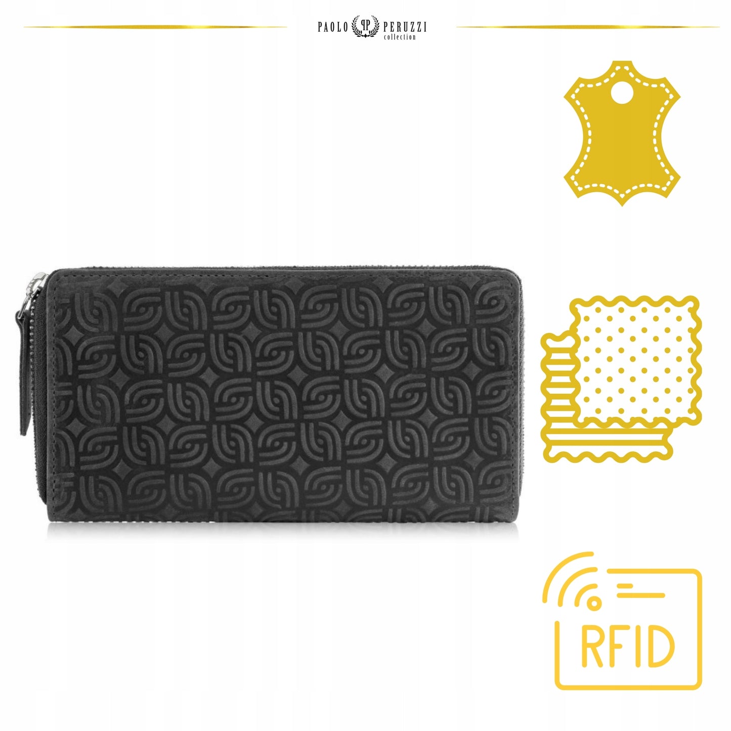 Moteriška odinė piniginė su geometriniu raštu, juoda, vintažinė, Paolo Peruzzi