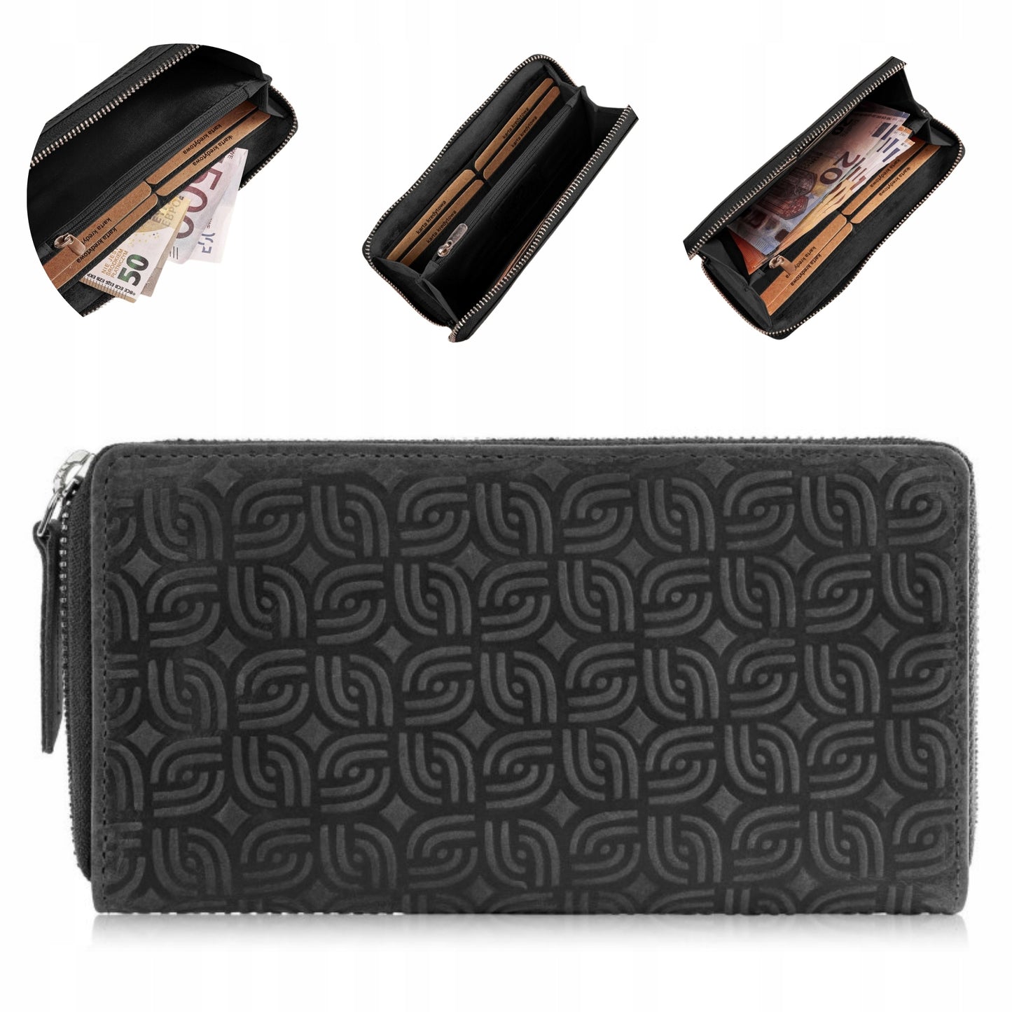 Moteriška odinė piniginė su geometriniu raštu, juoda, vintažinė, Paolo Peruzzi