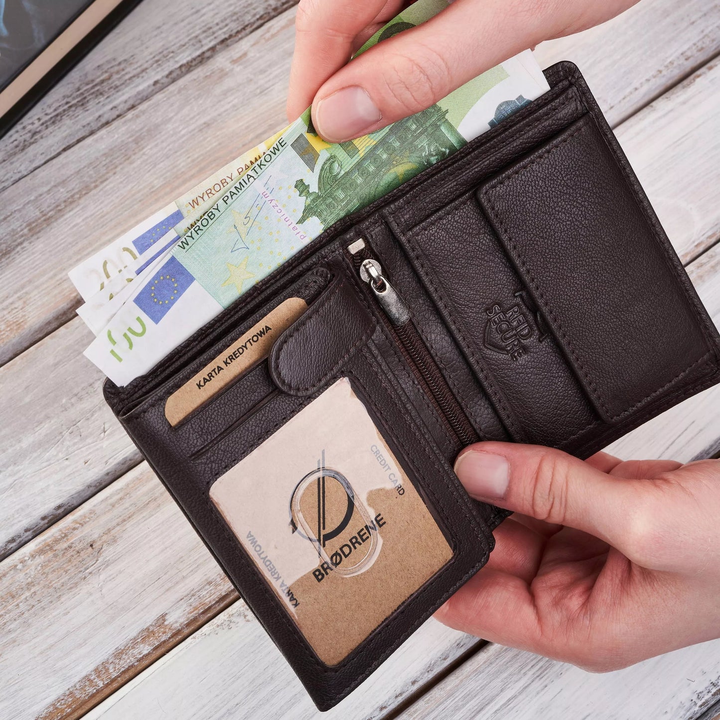 Vyriška odinė piniginė, ruda, klasikinė, elegantiška, Brodrene G-106 RFID
