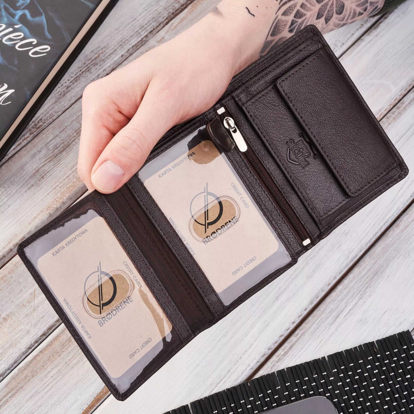 Vyriška odinė piniginė, ruda, klasikinė, elegantiška, Brodrene G-106 RFID