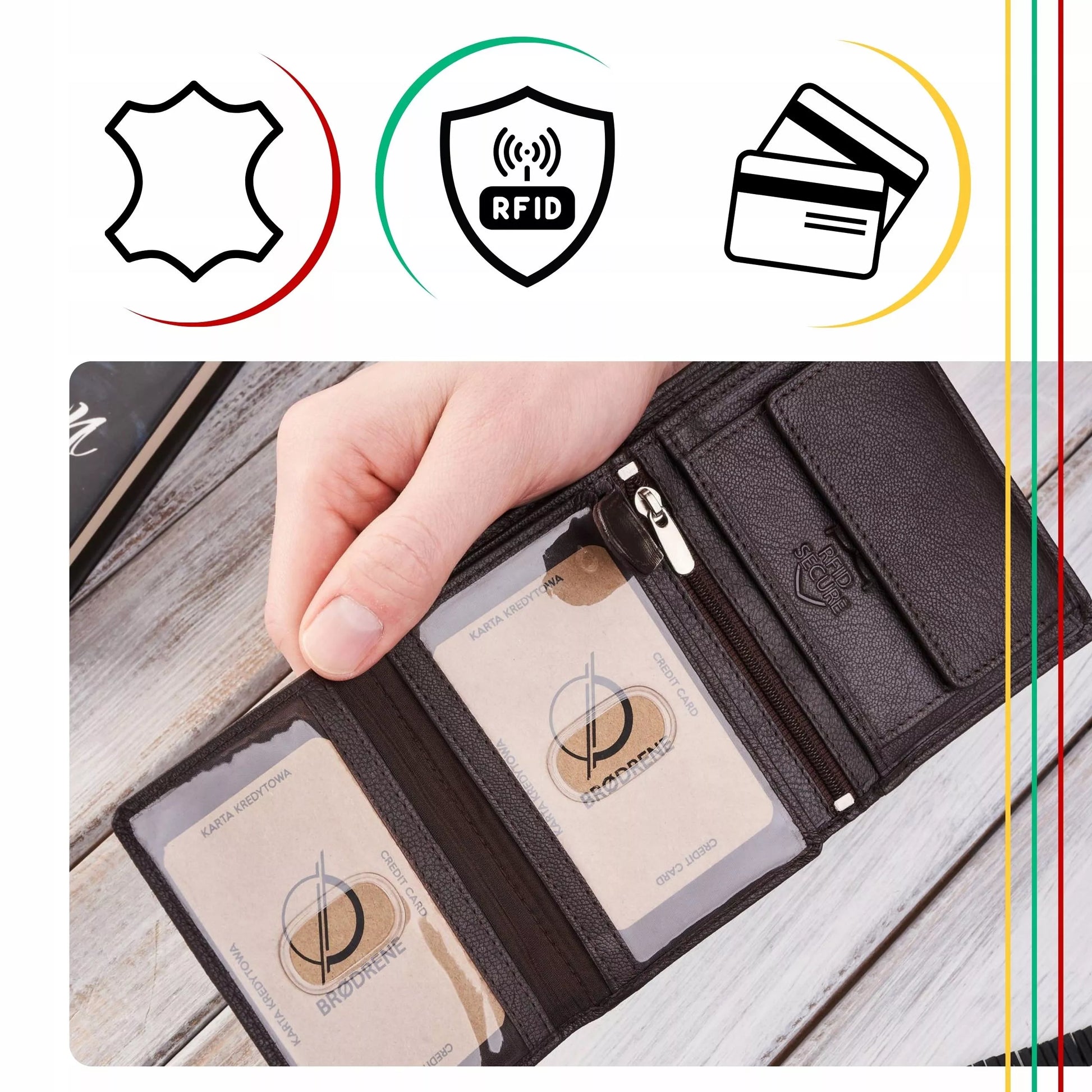 Vyriška odinė piniginė, ruda, klasikinė, elegantiška, Brodrene G-106 RFID
