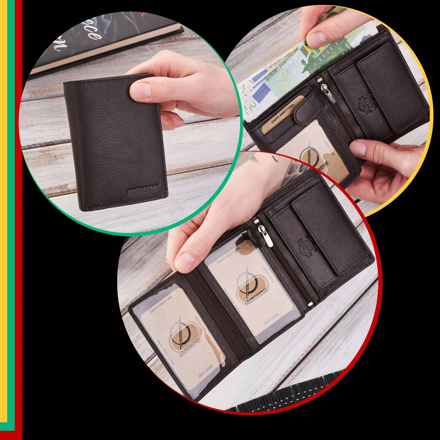 Vyriška odinė piniginė, ruda, klasikinė, elegantiška, Brodrene G-106 RFID