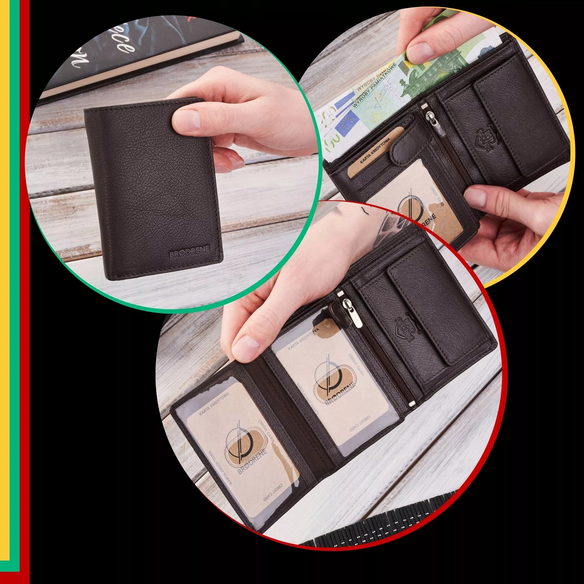Vyriška odinė piniginė, ruda, klasikinė, elegantiška, Brodrene G-106 RFID