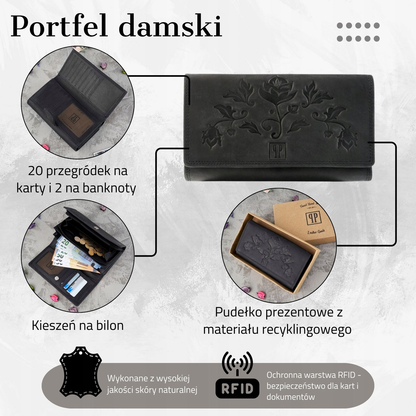 Moteriška odinė piniginė Paolo Peruzzi, juoda, supakuota į dėžutę, su RFID, vintage