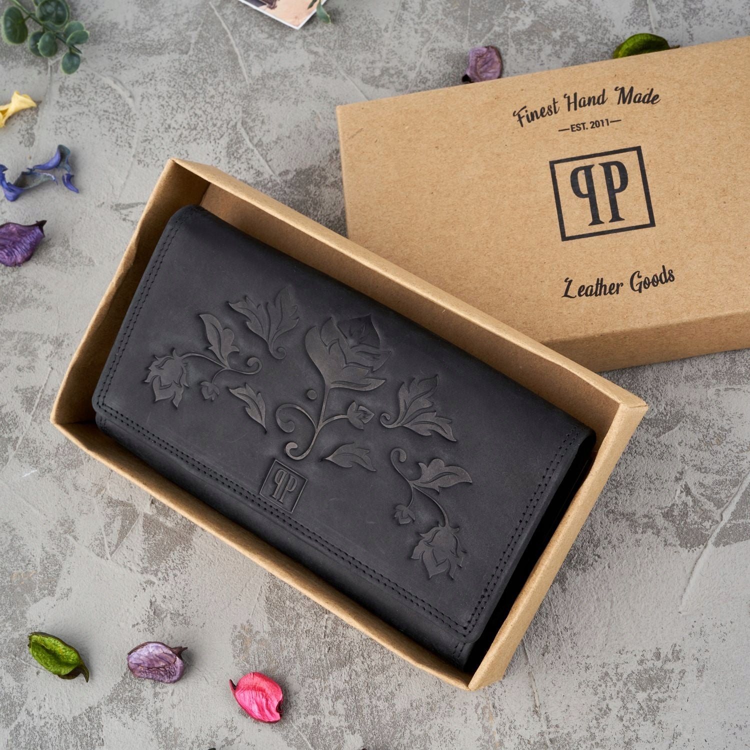 Moteriška odinė piniginė Paolo Peruzzi, juoda, supakuota į dėžutę, su RFID, vintage