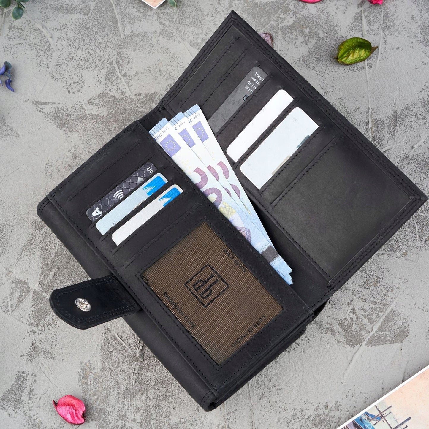 Moteriška odinė piniginė Paolo Peruzzi, juoda, supakuota į dėžutę, su RFID, vintage