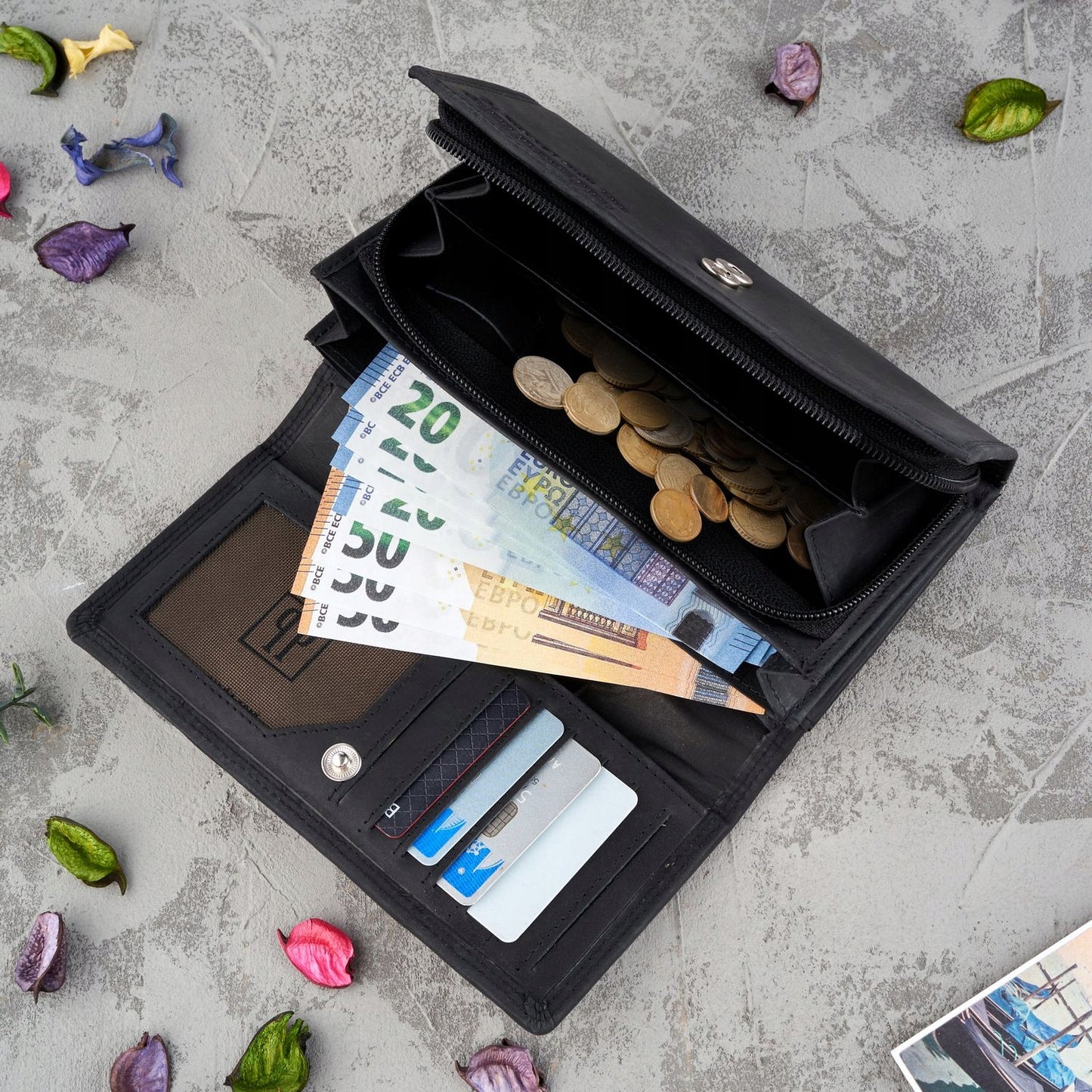 Moteriška odinė piniginė Paolo Peruzzi, juoda, supakuota į dėžutę, su RFID, vintage