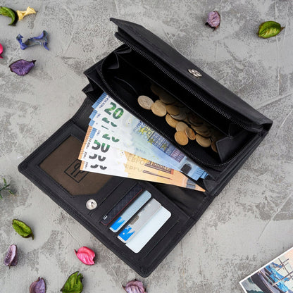 Moteriška odinė piniginė Paolo Peruzzi, juoda, supakuota į dėžutę, su RFID, vintage