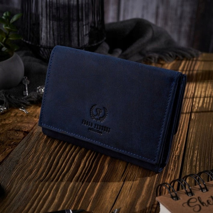 Moteriška odinė piniginė Paolo Peruzzi, tamsiai mėlyna, su RFID