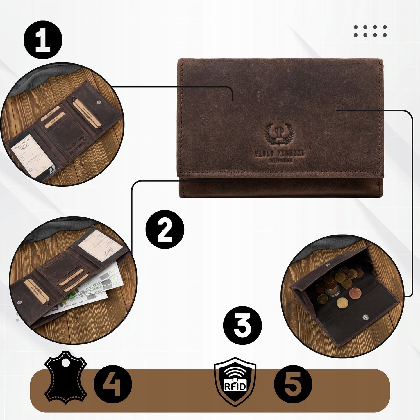 Moteriška piniginė ruda, natūrali oda, vintažinė, maža, su RFID Paolo Peruzzi