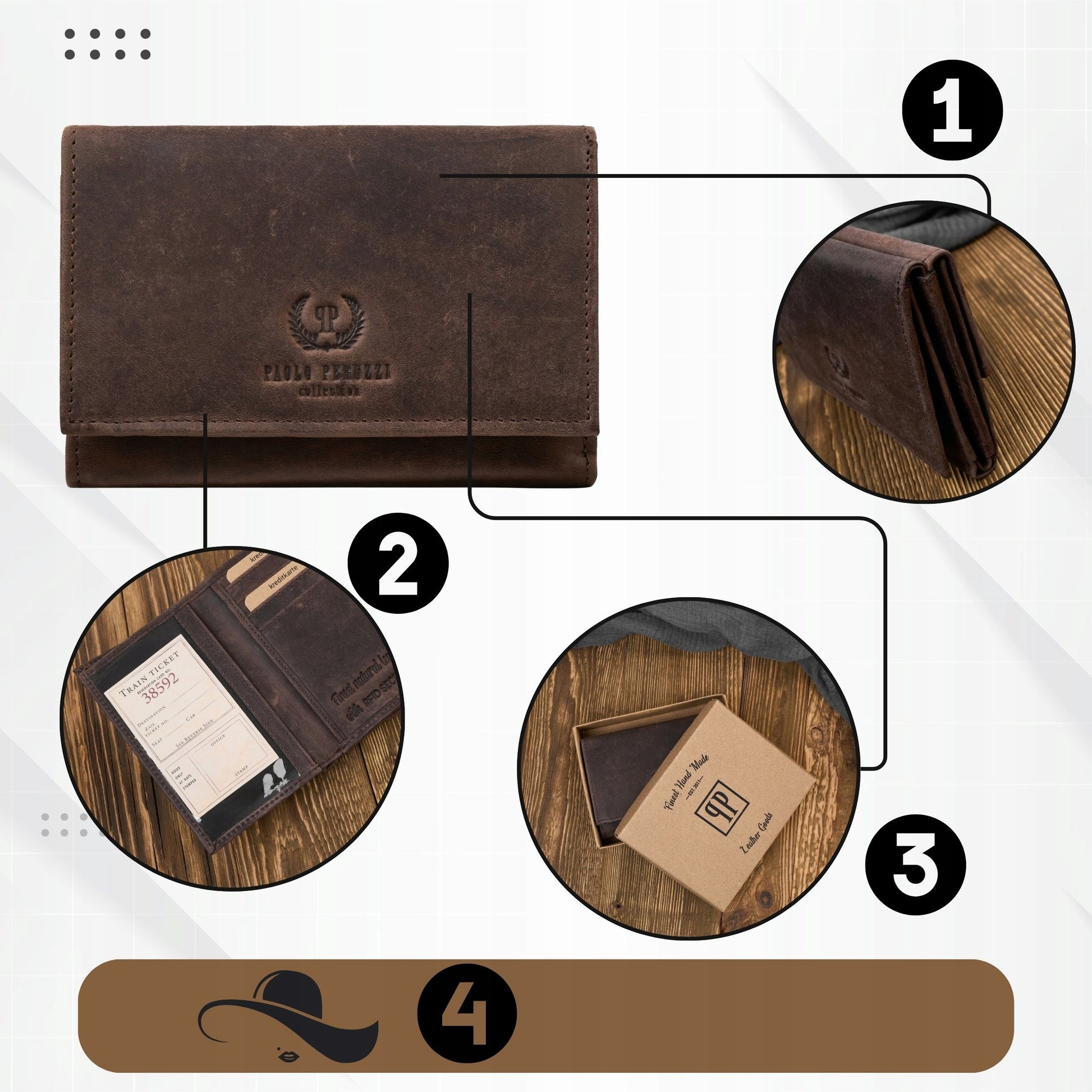 Moteriška piniginė ruda, natūrali oda, vintažinė, maža, su RFID Paolo Peruzzi