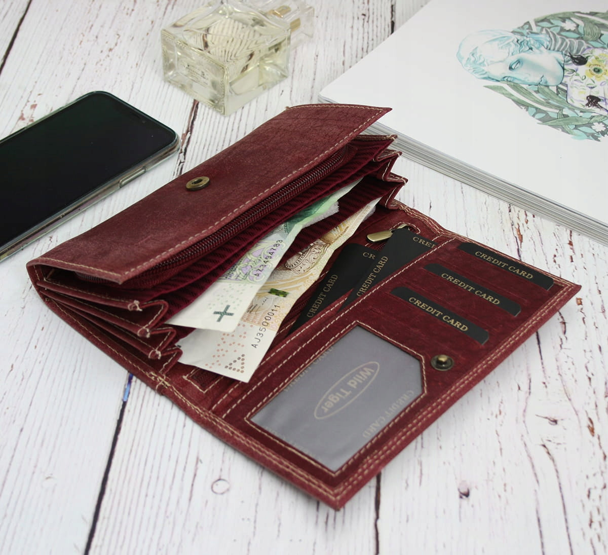 Moteriška piniginė nubuko oda Wild Tiger - tamsiai raudona