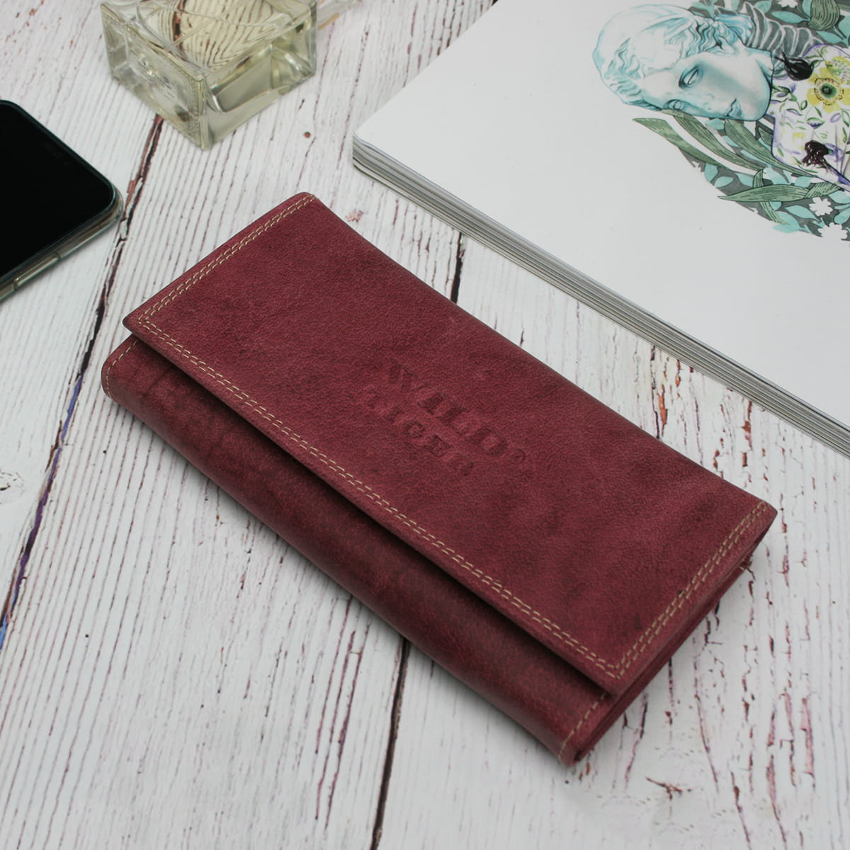 Moteriška piniginė nubuko oda Wild Tiger - tamsiai raudona