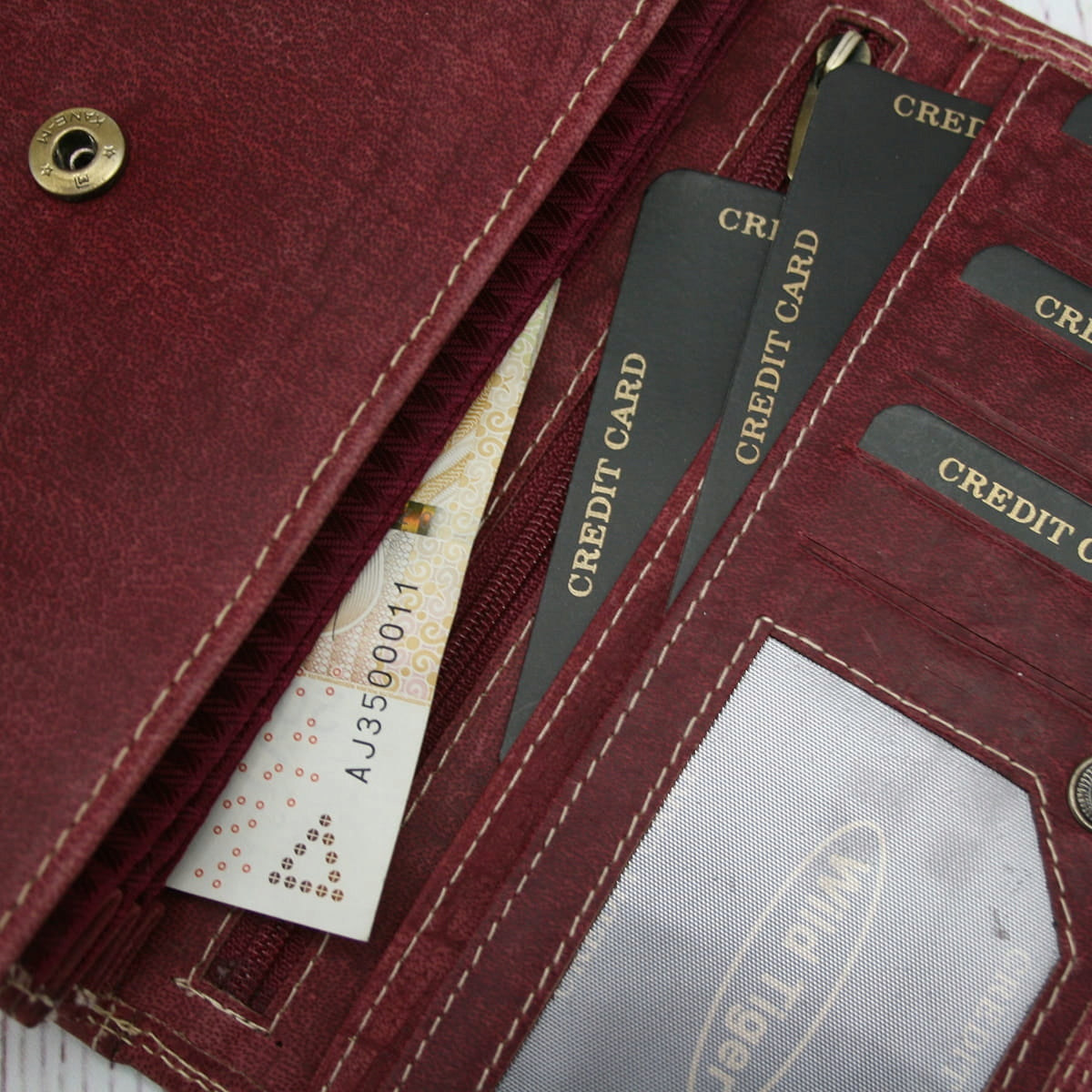 Moteriška piniginė nubuko oda Wild Tiger - tamsiai raudona