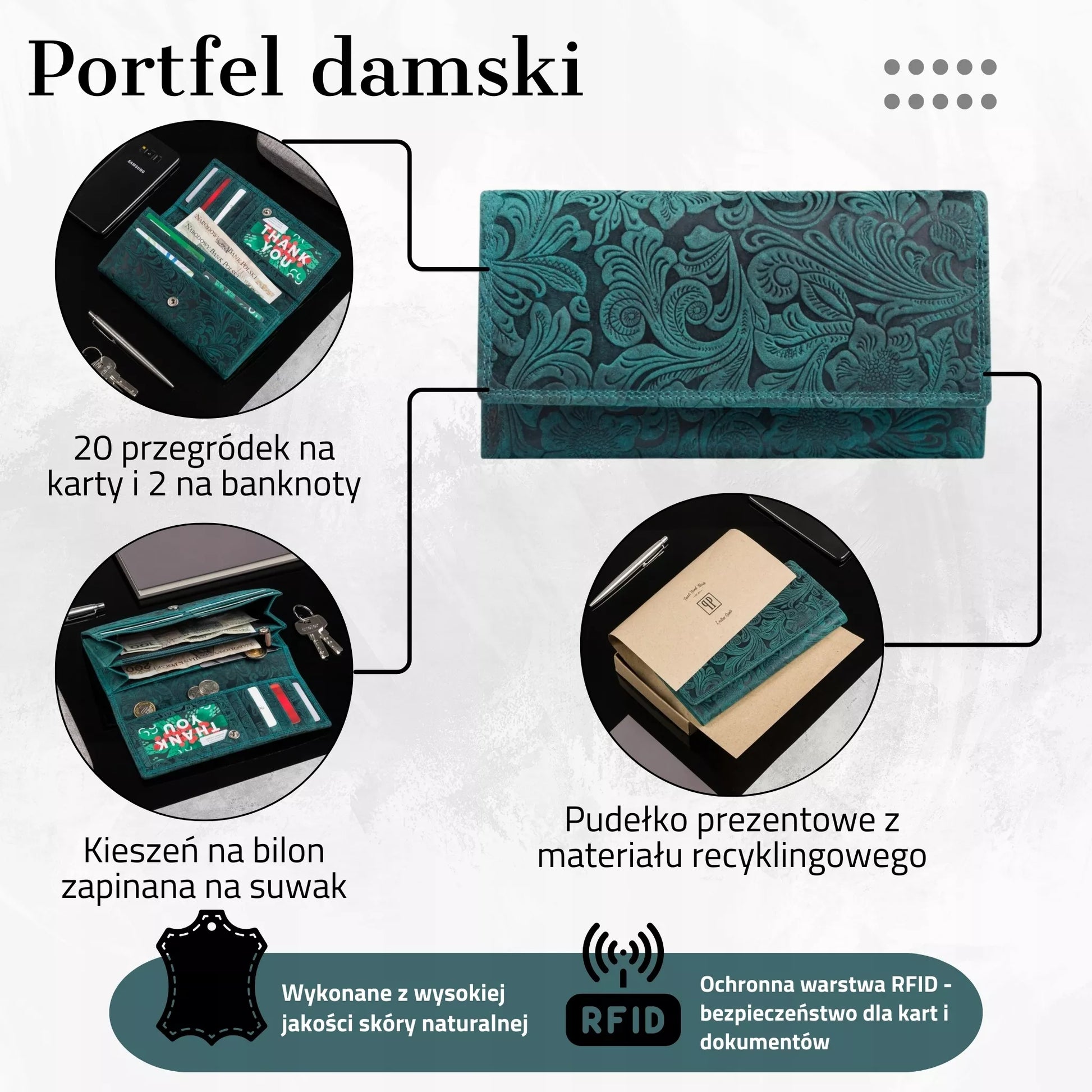 Odinė moteriška piniginė, vintažinė, žalia su gėlių raštais, PAOLO PERUZZI