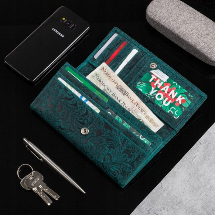 Odinė moteriška piniginė, vintažinė, žalia su gėlių raštais, PAOLO PERUZZI