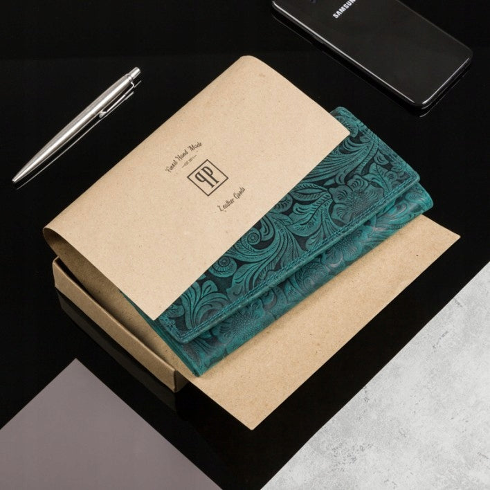 Odinė moteriška piniginė, vintažinė, žalia su gėlių raštais, PAOLO PERUZZI