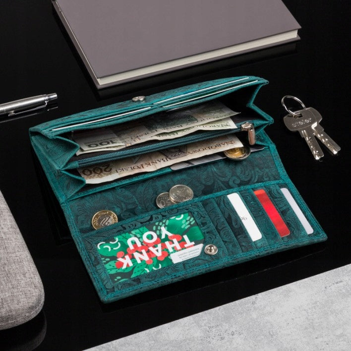 Odinė moteriška piniginė, vintažinė, žalia su gėlių raštais, PAOLO PERUZZI