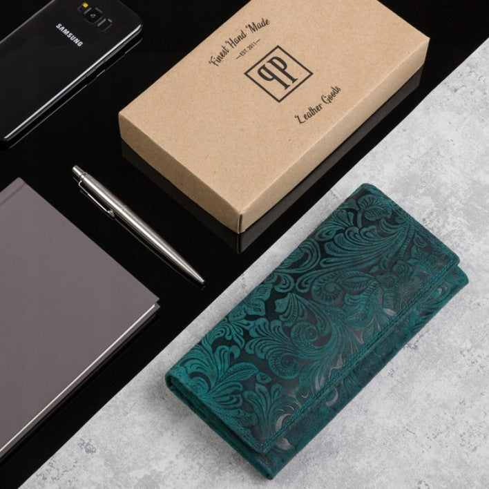 Odinė moteriška piniginė, vintažinė, žalia su gėlių raštais, PAOLO PERUZZI