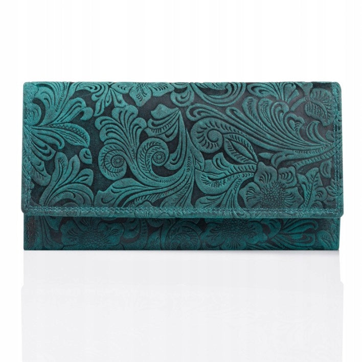 Odinė moteriška piniginė, vintažinė, žalia su gėlių raštais, PAOLO PERUZZI