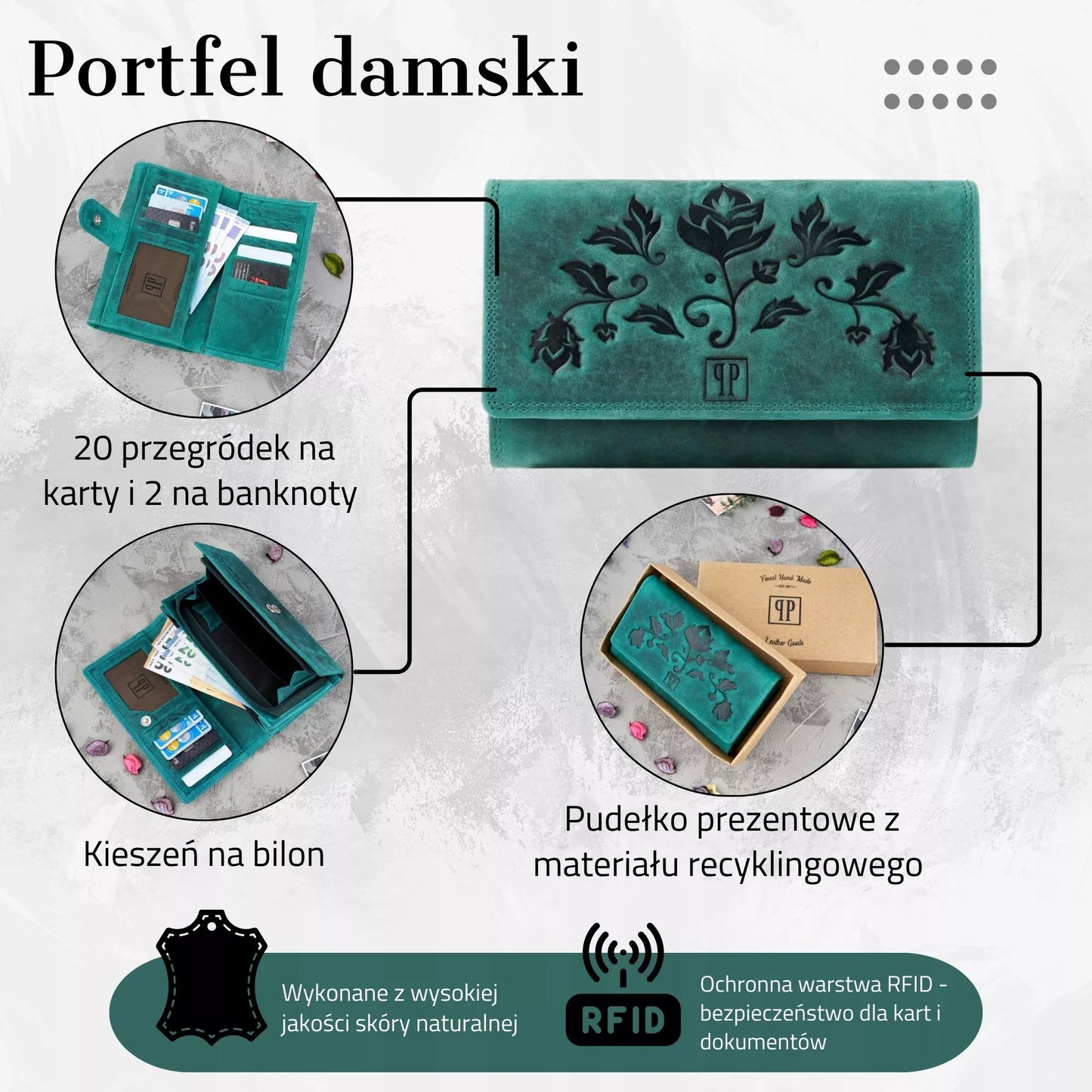 Moteriška odinė piniginė PAOLO PERUZZI, žalia gėlėta, vintage retro RFID