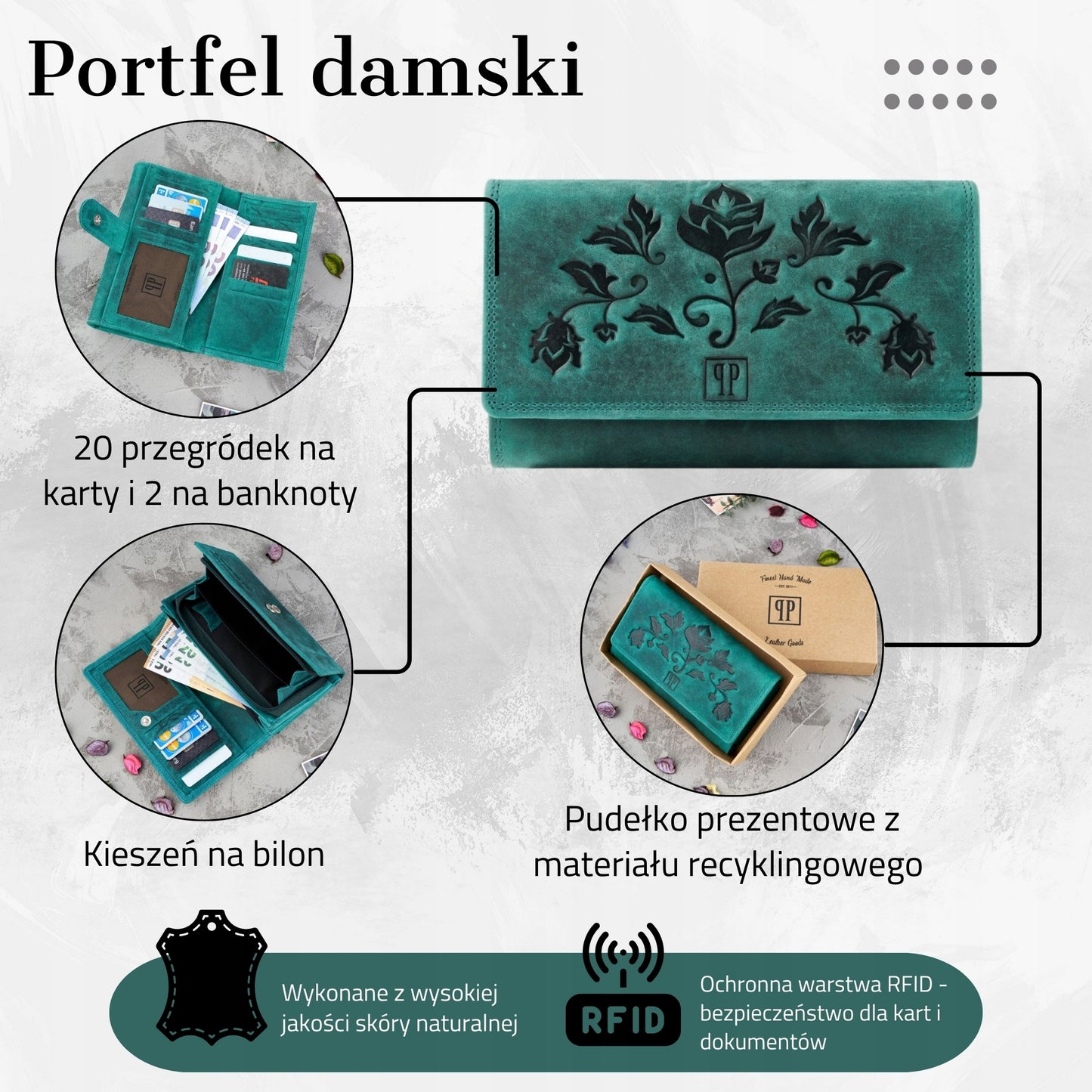 Moteriška odinė piniginė PAOLO PERUZZI, žalia gėlėta, vintage retro RFID