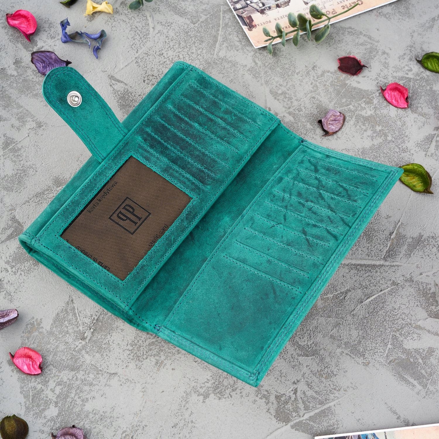 Moteriška odinė piniginė PAOLO PERUZZI, žalia gėlėta, vintage retro RFID