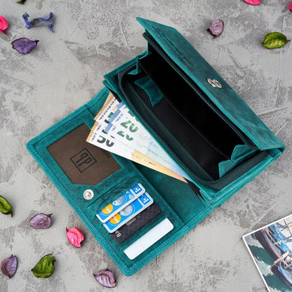 Moteriška odinė piniginė PAOLO PERUZZI, žalia gėlėta, vintage retro RFID