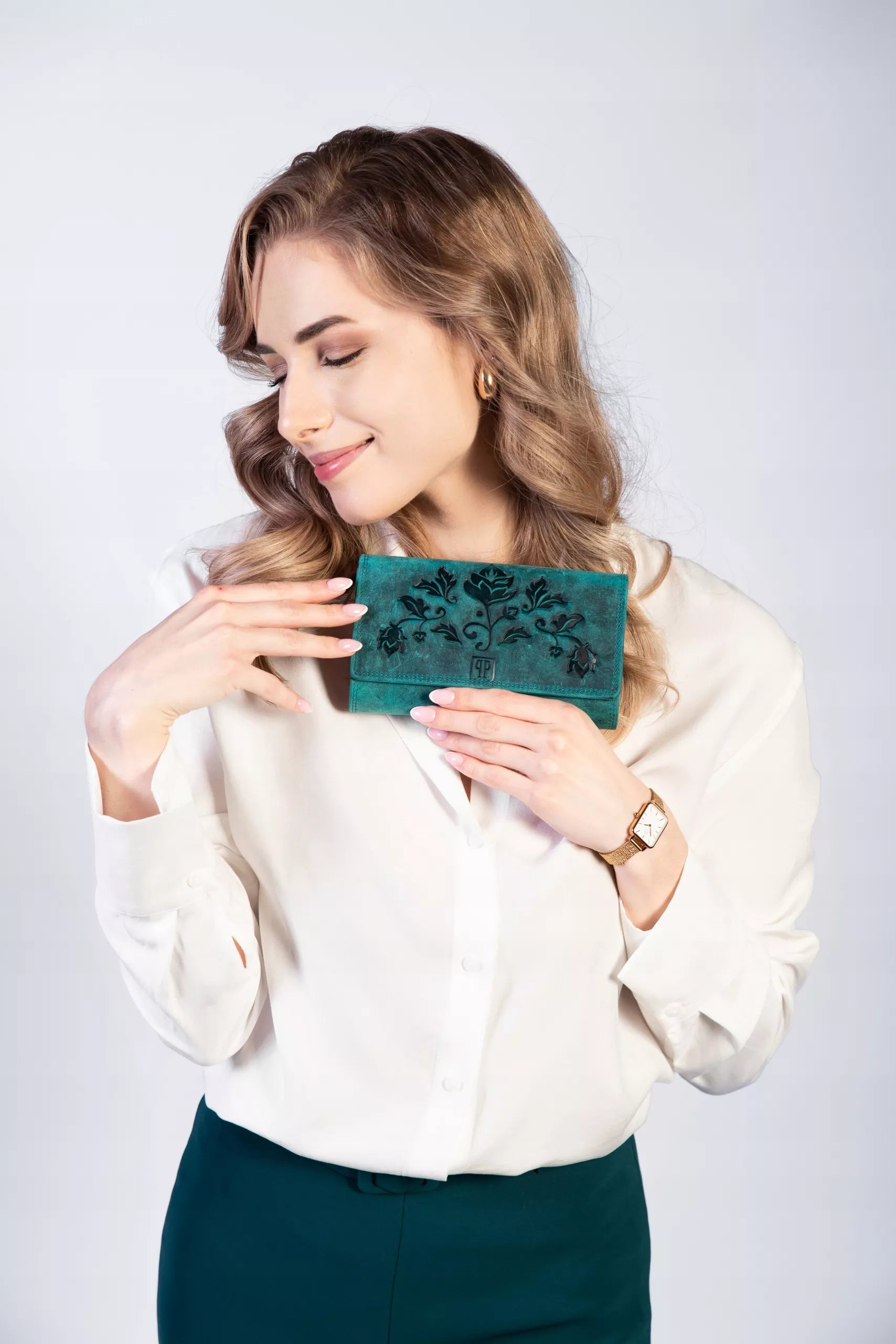 Moteriška odinė piniginė PAOLO PERUZZI, žalia gėlėta, vintage retro RFID
